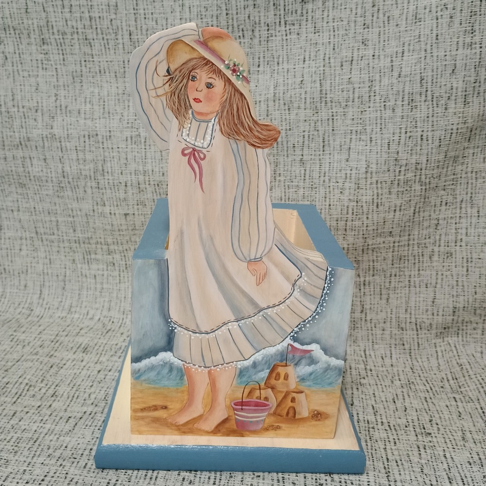 Vintage Hand Painted Wood Beach Girl Storage Box Planter Folk Art Coastal Decor
